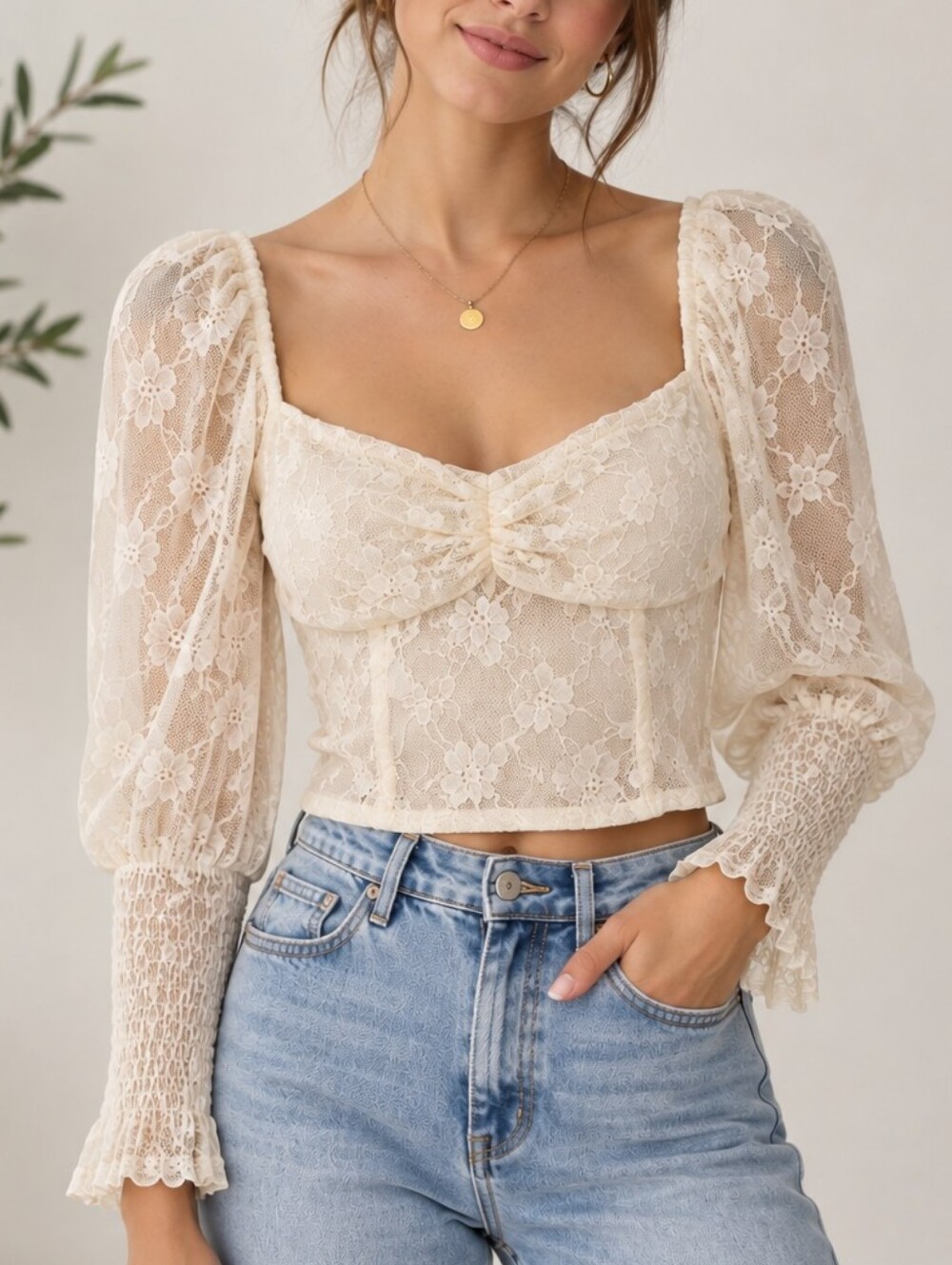H&M Divided Lace Puff Sleeve Cropped Blouse S
